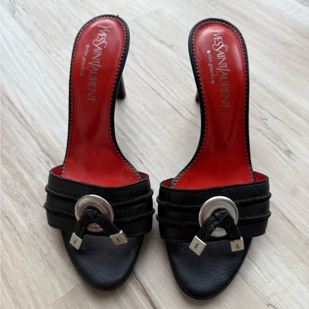 Yves Saint Laurent Black and Red Open-Toe Heels Slip On Mule Heels Authentic